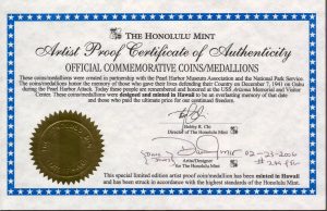 Personally autographed COA from the Honolulu Mint