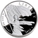 2012 Star-Spangled Banner Silver Commemorative Obverse depicts Lady Liberty waving the 15-star, 15-stripe Star-Spangled Banner flag with Fort McHenry in the background. Designed by Joel Iskowitz and engraved by Phebe Hemphill.