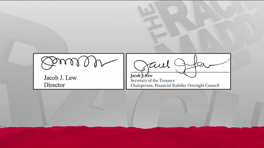 MSNBC on-air comparison of Jack Lew's autographs: the original Lewpts on the left and what will appear on U.S. currency to the right.
