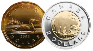 Canadian 1-dollar and 2-dollar coins. The 1-dollar coin is called a Loonie because its reverse depicts a common loon. “Toonie” is a play on the Loonie nickname.