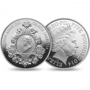 2014 £5 crown commemorating the 300th anniversary of the death of Queen Anne