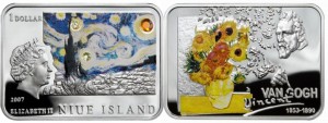 Niue Island 2007 Great Painters - Vincent Van Gogh $1 Rectangular Silver Dollar with Color and Zircon Crystal Gemstones