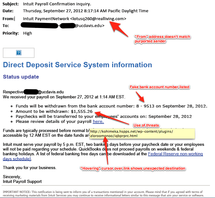 Anatomy of a Phishing email(courtesy of the University of California-Davis)