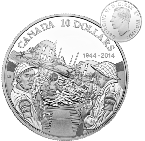 Canadian $10 Commemorative of the 70th Anniversary of D-Day featuring the obverse portrait of King George VI, the reigning monarch at the time of the invasion.