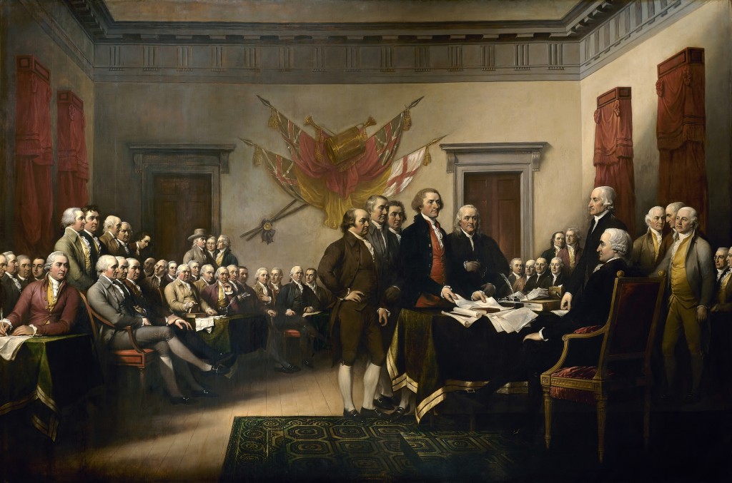 John Trumbull's Declaration of Independence hangs in the U.S. Capitol Rotunda. It was used as the model for the reverse of the $2 Federal Reserve Note.