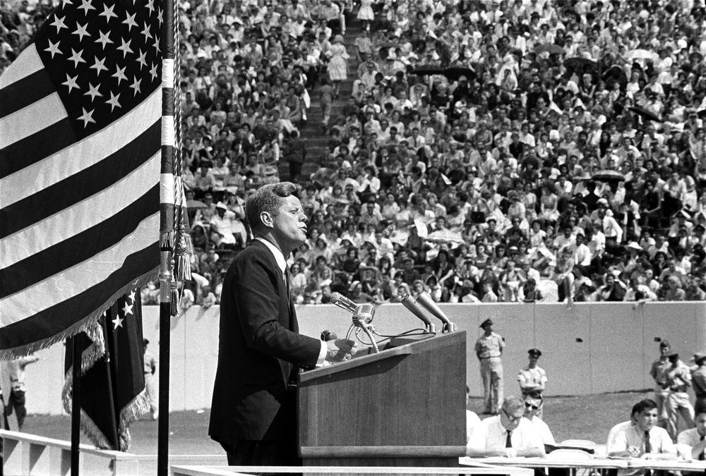 John F. Kennedy speaking at Rice University where he gave his famous speech declaring the U.S. will land on the moon before the end of the decade.