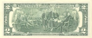Reverse of the $2 Federal Reserve Note features an engraved modified reproduction of the painting The Declaration of Independence by John Trumbull.