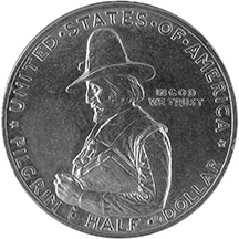This coin commemorates the 300th anniversary of the landing of the Mayflower. The image is of a pilgrim carrying a Bible.