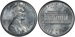 1974-D Experimental Lincoln cent pattern made using an aluminum planchet (J2151)
