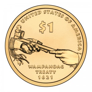 2011 Native American Dollar — Supreme Sachem Ousamequin, Massasoit of the Great Wampanoag Nation Creates Alliance with Settlers at Plymouth Bay (1621)