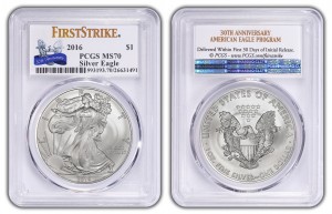 An example of a PCGS special First Strike insert label for the 2016 10th anniversary of the gold Buffalo coins.