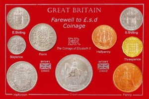 Collection of old pre-decimal coins from during the reign of Queen Elizabeth II.