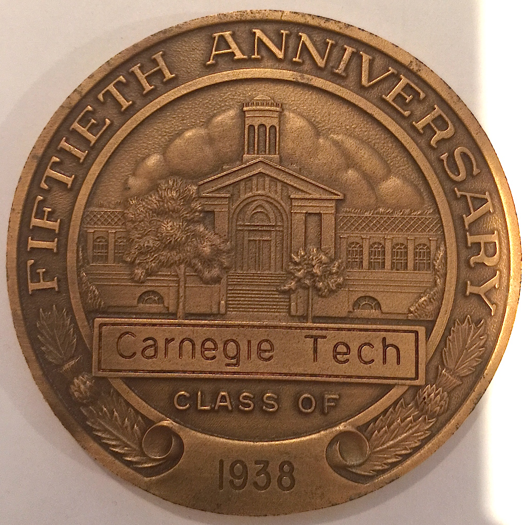 Reverse of the Carnegie Mellon University medal features Hamerschlag Hall and proclaims the 50th Anniversary reunion.