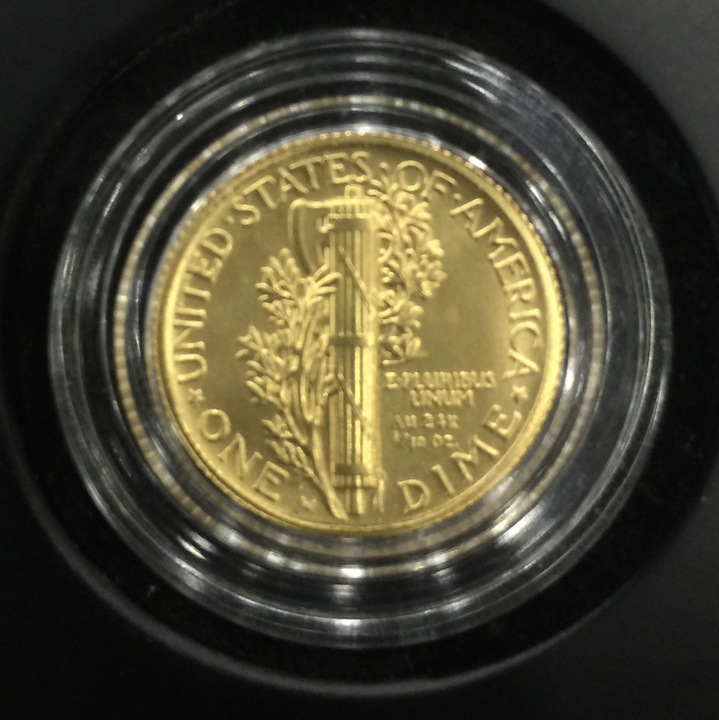 Reverse of the soon to be released Mercury Dime 2016 Centennial Gold Coin