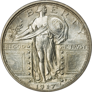Obverse of a 1917-S Type 1 Standing Liberty Quarter with the date in the exergue.