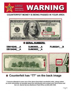 Counterfeit Currency Warning issued by the Baltimore Field office of the U.S. Secret Service in 2014.